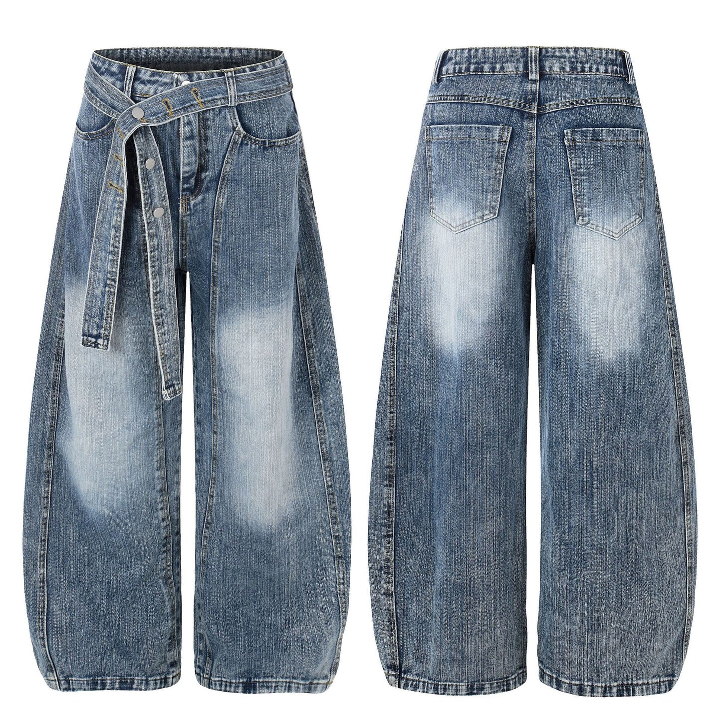 Washed White Cross Waist Belt Design Jeans Unisex Loose Wide Leg Knife-Edge Floor-Length Pants