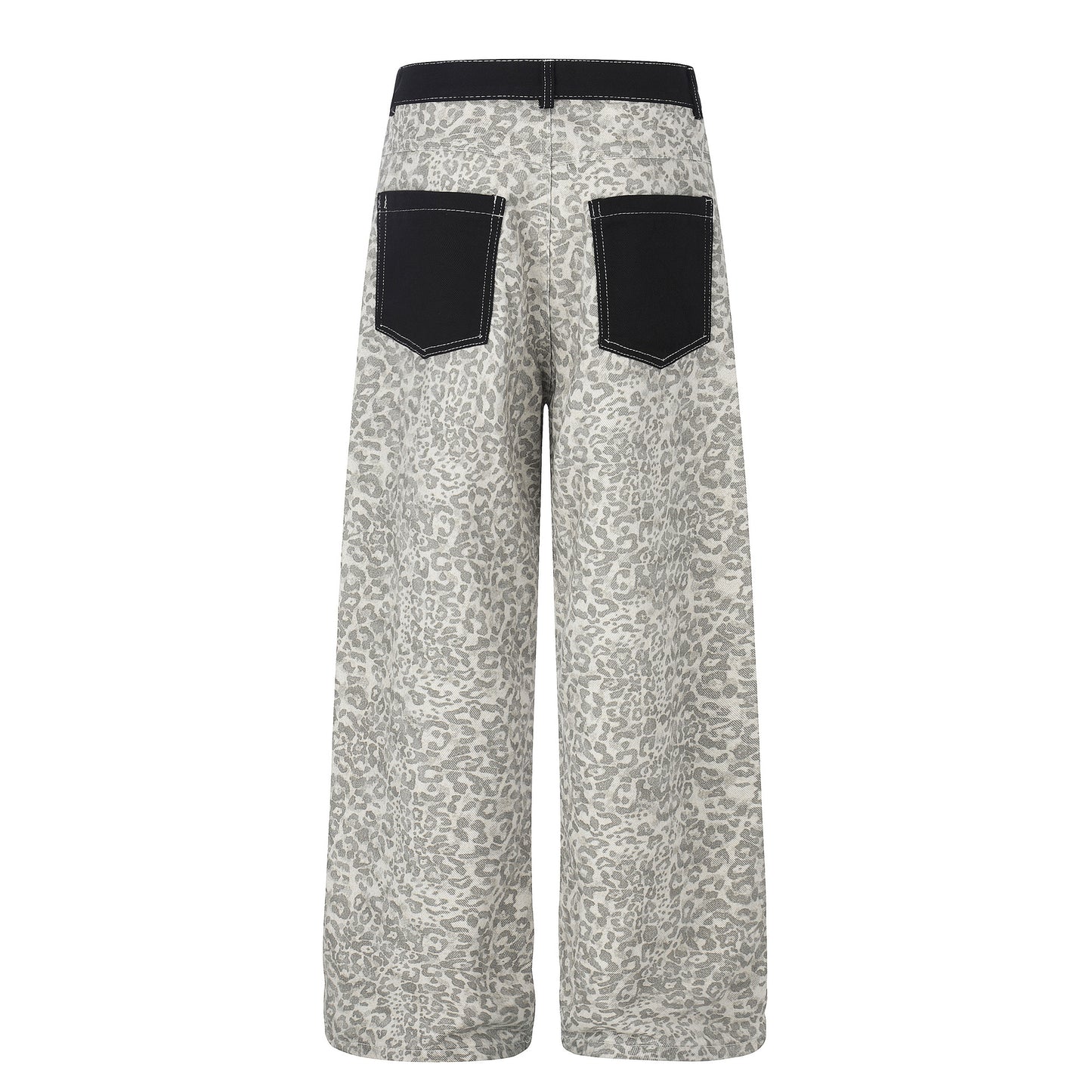 Leopard Print Patchwork Denim Pants Unisex Loose Straight Leg Wide Leg Long Pants