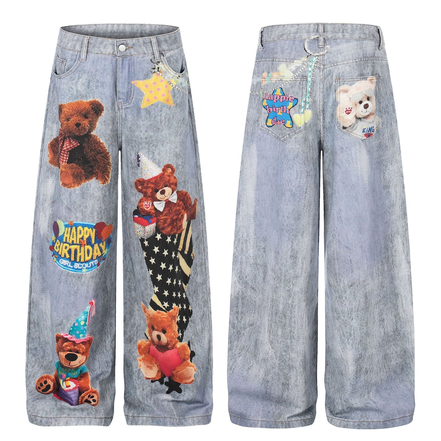 Bear Print Denim Pants Unisex Loose Wide Leg Washed Distressed Streetwear Straight Leg Long Pants