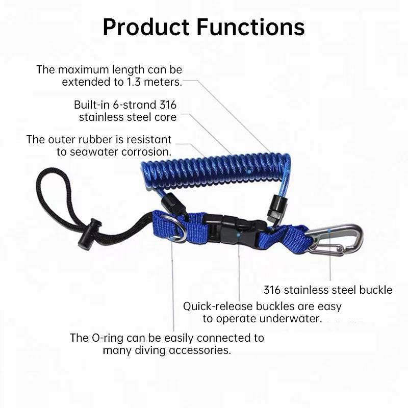 Cordon de sécurité pour caméra de plongée, câble à ressort en acier inoxydable pour caméras d'action GoPro, attache de sécurité pour lampe de poche