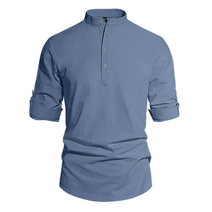 Men's Cotton Linen Henley Collar Solid Color Lightweight Long Sleeve Button-Down Shirt