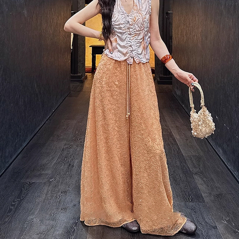 Beaded Rope Embroidery Double-Layer Drape Wide Leg Pants Loose Slim Straight Leg Trousers