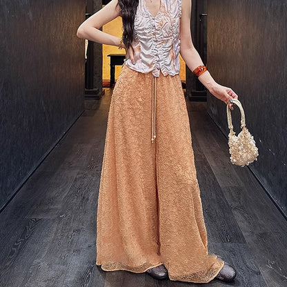 Beaded Rope Embroidery Double-Layer Drape Wide Leg Pants Loose Slim Straight Leg Trousers
