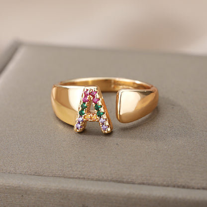 18K Gold Plated Micro Pave Colorful Zircon Letter Ring with 26 Letters Open Design