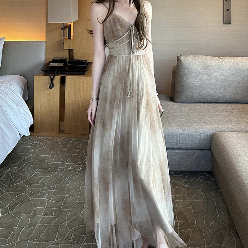 Spring Mountain Far Double Layer Ink Blot Chiffon V-Neck Thin Strap Dress High Waist Fitted Dress