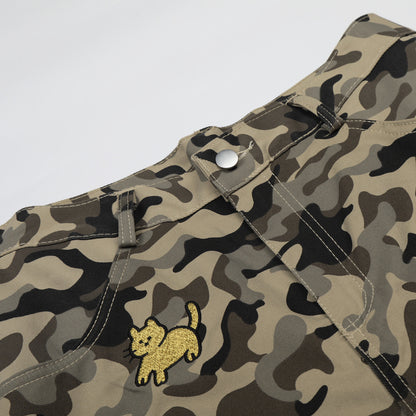 Camouflage Cartoon Embroidery Cropped Pants Unisex Loose Wide Leg Streetwear Mid-Length Pants