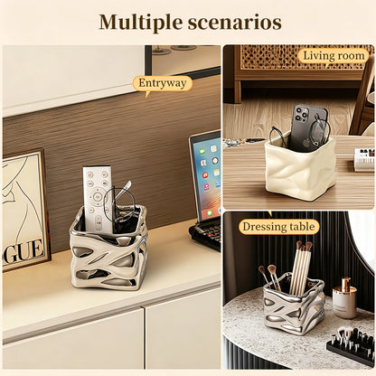 Ceramic Wavy Makeup Brush Holder - Dual-Use Minimalist Storage Jar for Vanity & Office Desk Organizer