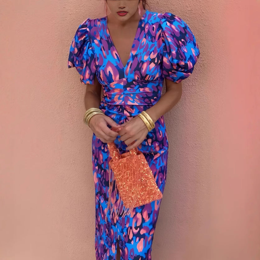 Robe imprimée décontractée moulante à col en V, taille cintrée et manches bulles
