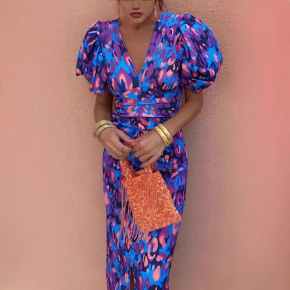 Robe imprimée décontractée moulante à col en V, taille cintrée et manches bulles