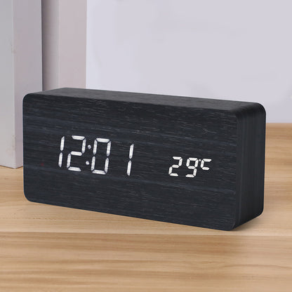 Horloge en bois PVC multifonctionnelle avec réveil, horloge LED, thermomètre, horloge numérique, réveil électronique de chevet pour étudiant avec veilleuse.