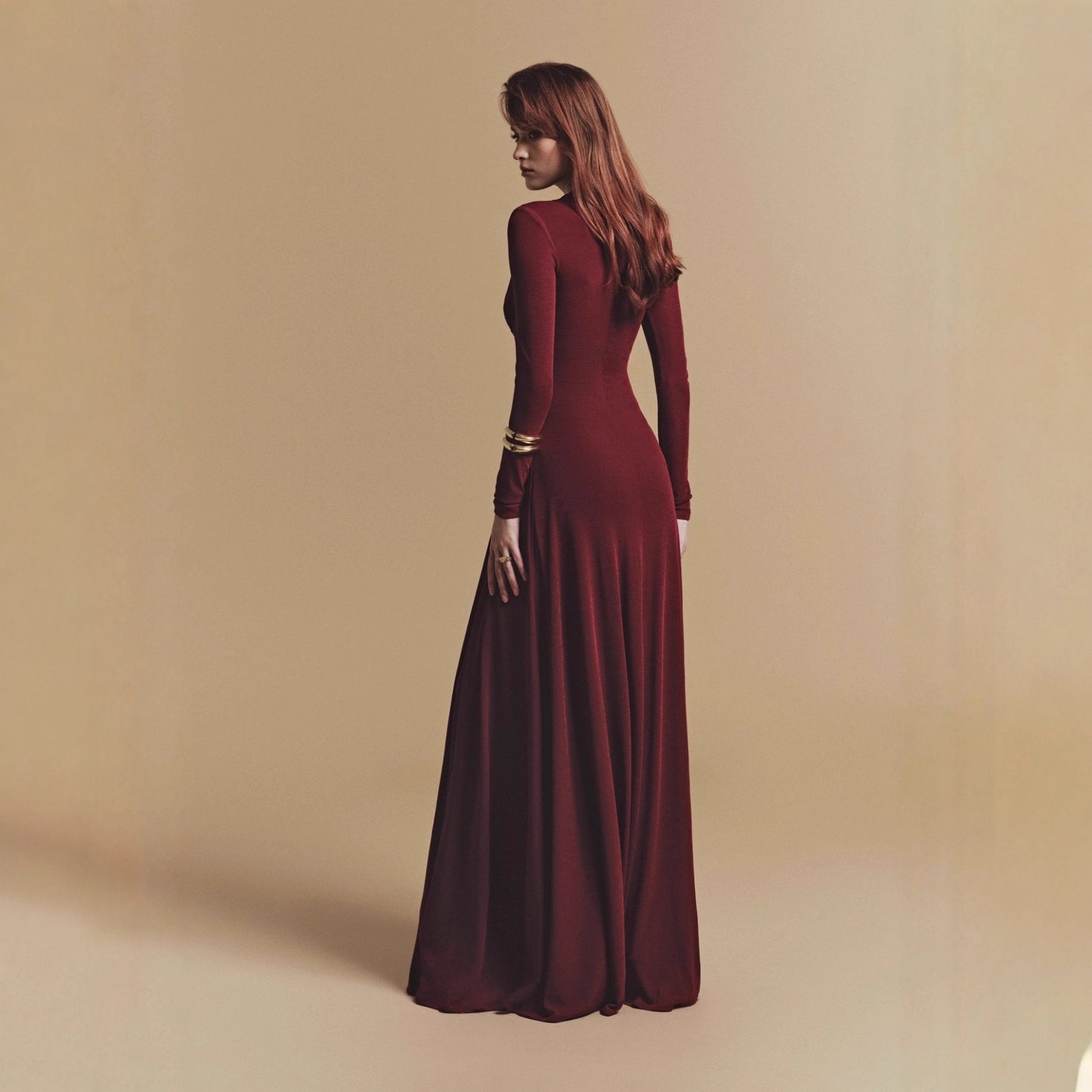 Pleated Long Sleeve Maxi Dress with Unique Design, Floor-Length Formal Gown