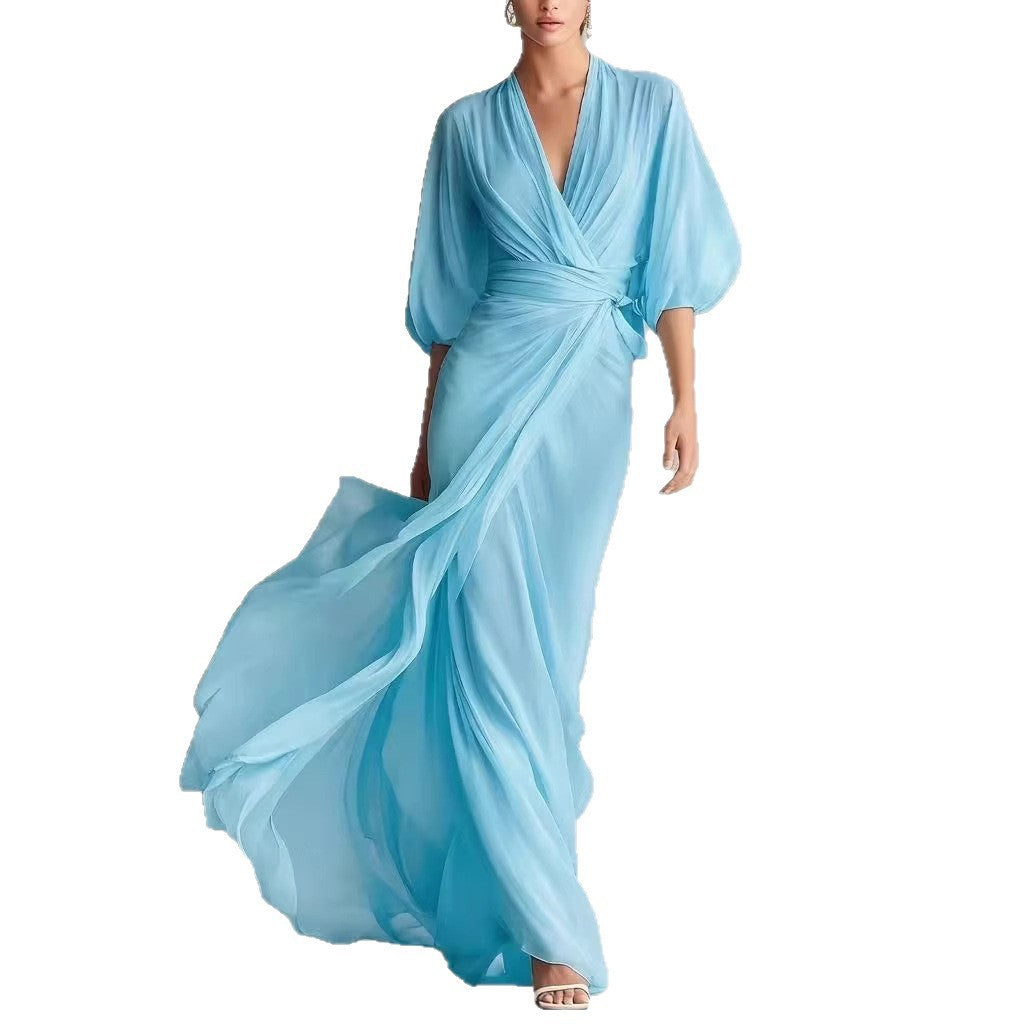 Deep V-neck raglan lantern sleeves cinched waist long dress