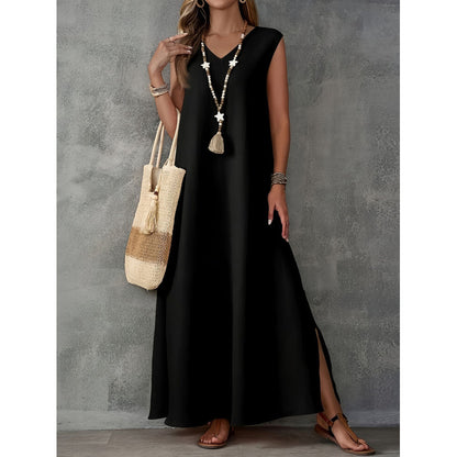 Elegant Long Dress Sleeveless V-Neck Side Slit Midi Dress  Dress
