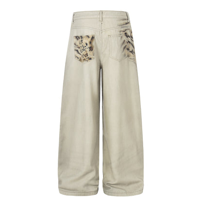 Print Distressed Denim Pants Unisex Loose Wide Leg High Street Trendy Straight Leg Floor-Length Trousers