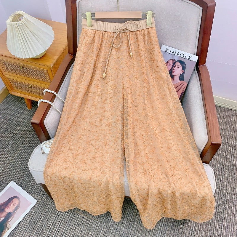 Beaded Rope Embroidery Double-Layer Drape Wide Leg Pants Loose Slim Straight Leg Trousers