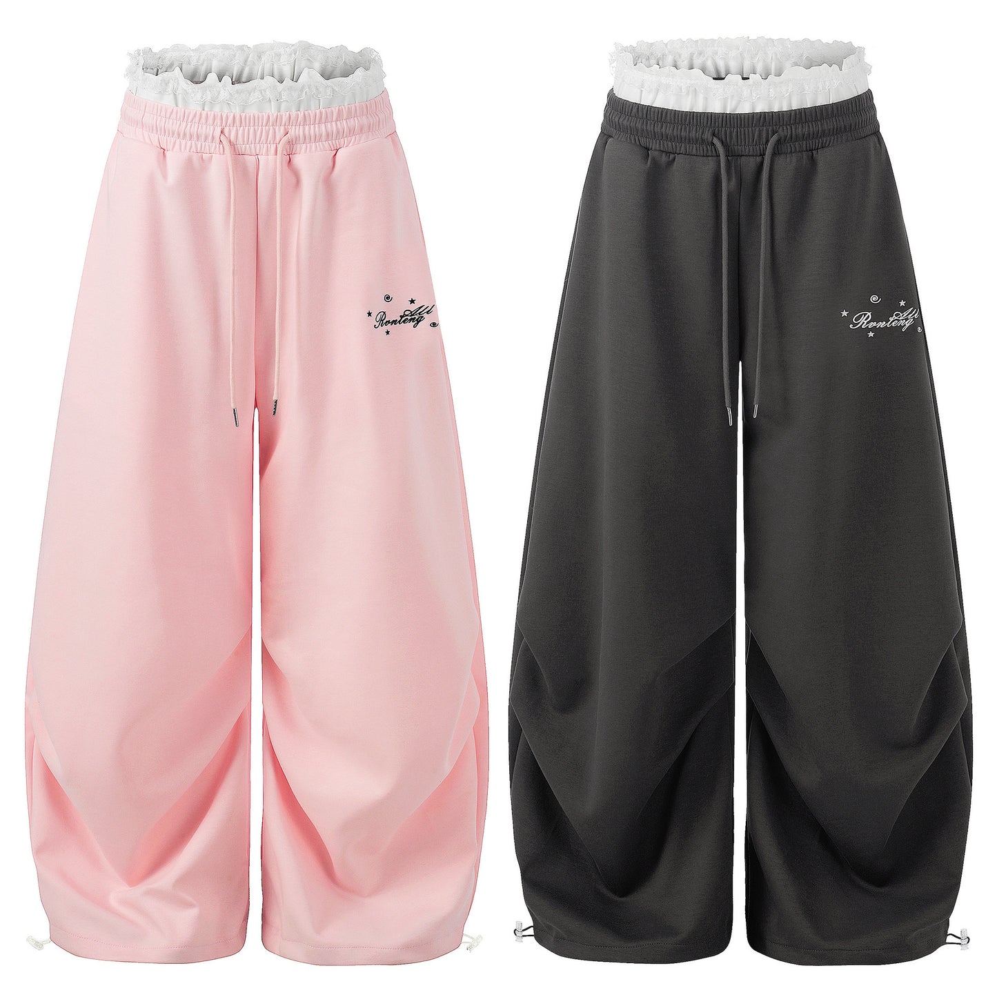 Lace Waistband Drawstring Sweatpants  Summer Loose Slim Fit Pleated Cuffed Wide Leg Casual Pants