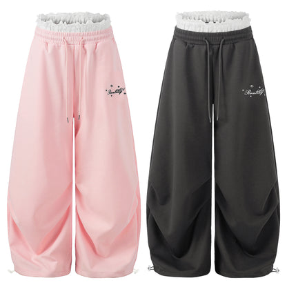 Lace Waistband Drawstring Sweatpants  Summer Loose Slim Fit Pleated Cuffed Wide Leg Casual Pants