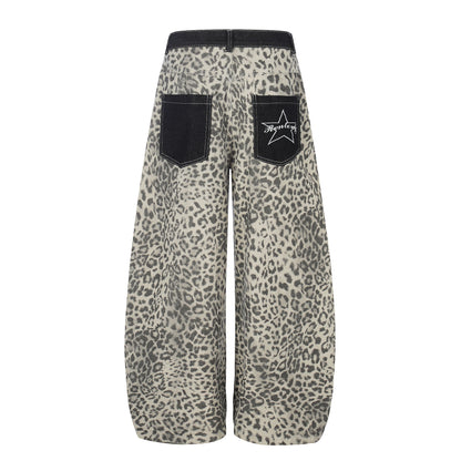 Leopard Print Patchwork Jeans Unisex High Waist Slimming Versatile Floor-Length Trousers