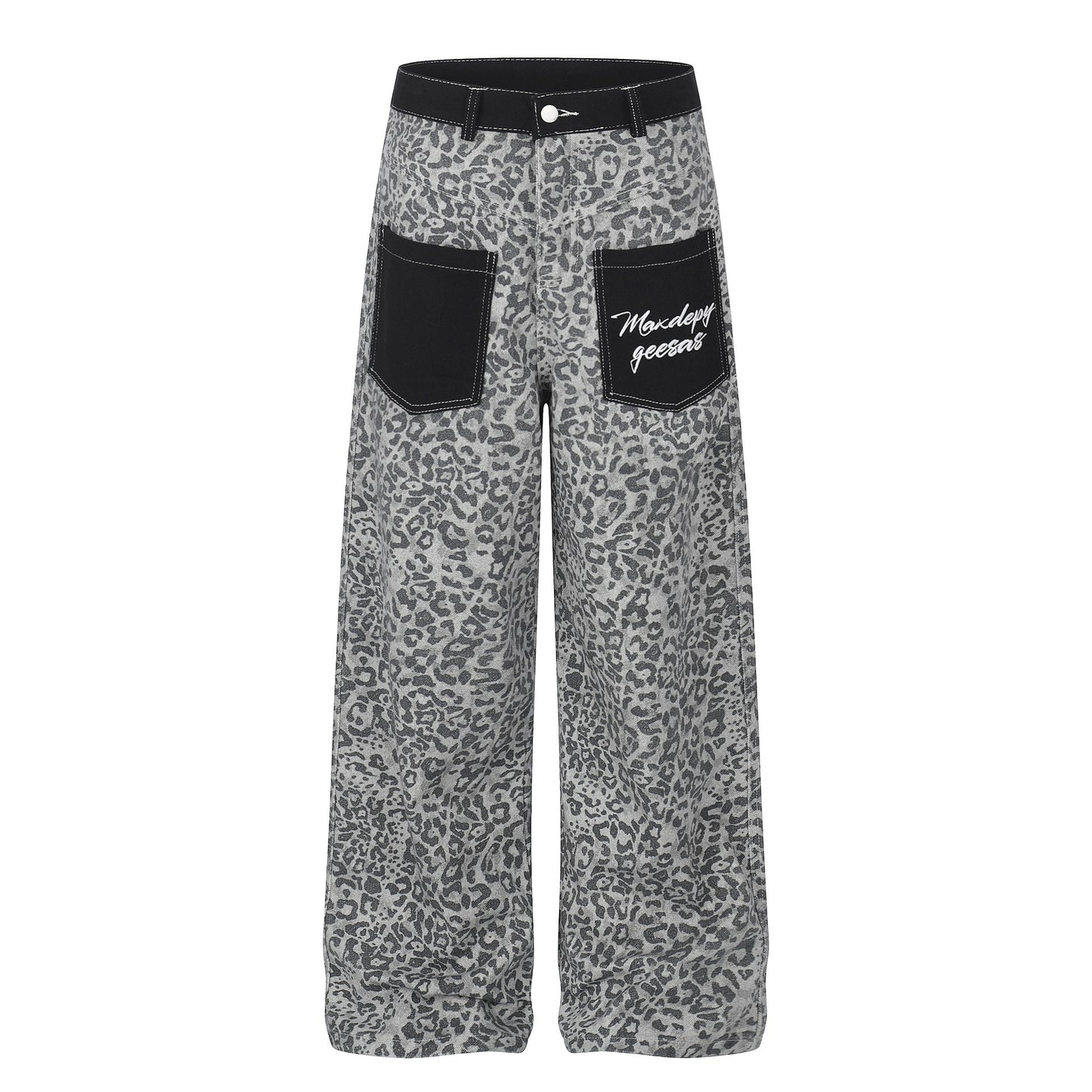 Pantalon en jean imprimé léopard patchwork unisexe, coupe droite ample, jambes larges, longueur longue.