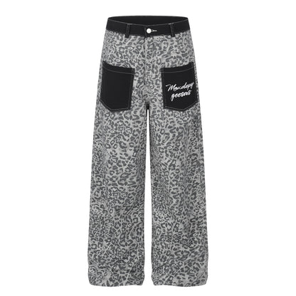Pantalon en jean imprimé léopard patchwork unisexe, coupe droite ample, jambes larges, longueur longue.