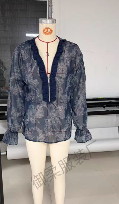 Chemisier romantique en mousseline à volants, col en V profond, motif cachemire, style bohème