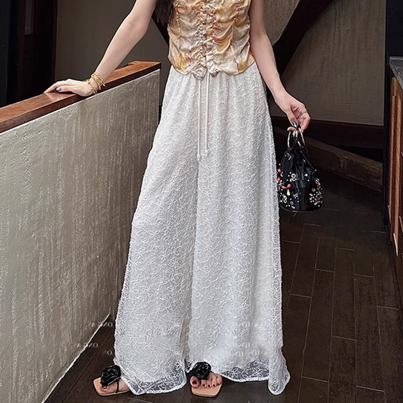 Beaded Rope Embroidery Double-Layer Drape Wide Leg Pants Loose Slim Straight Leg Trousers