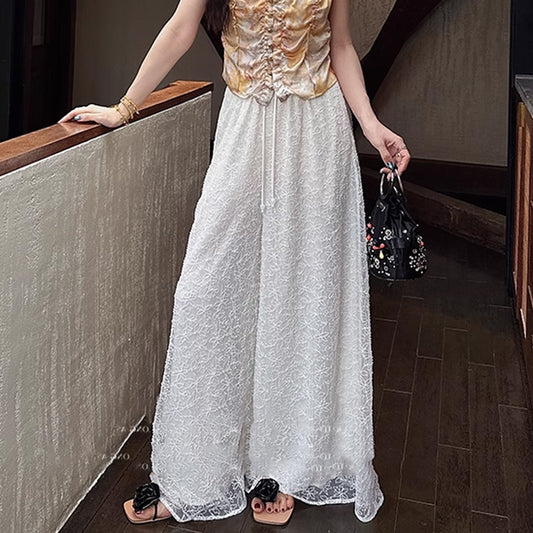 Beaded Rope Embroidery Double-Layer Drape Wide Leg Pants Loose Slim Straight Leg Trousers