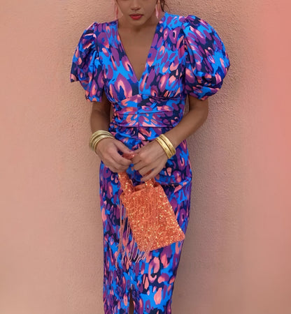 Robe imprimée décontractée moulante à col en V, taille cintrée et manches bulles