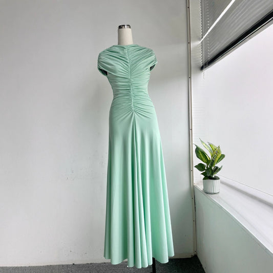Elegant Green Summer Fitted High Neck Pleated Dress with Vintage Resort Style Long Skirt