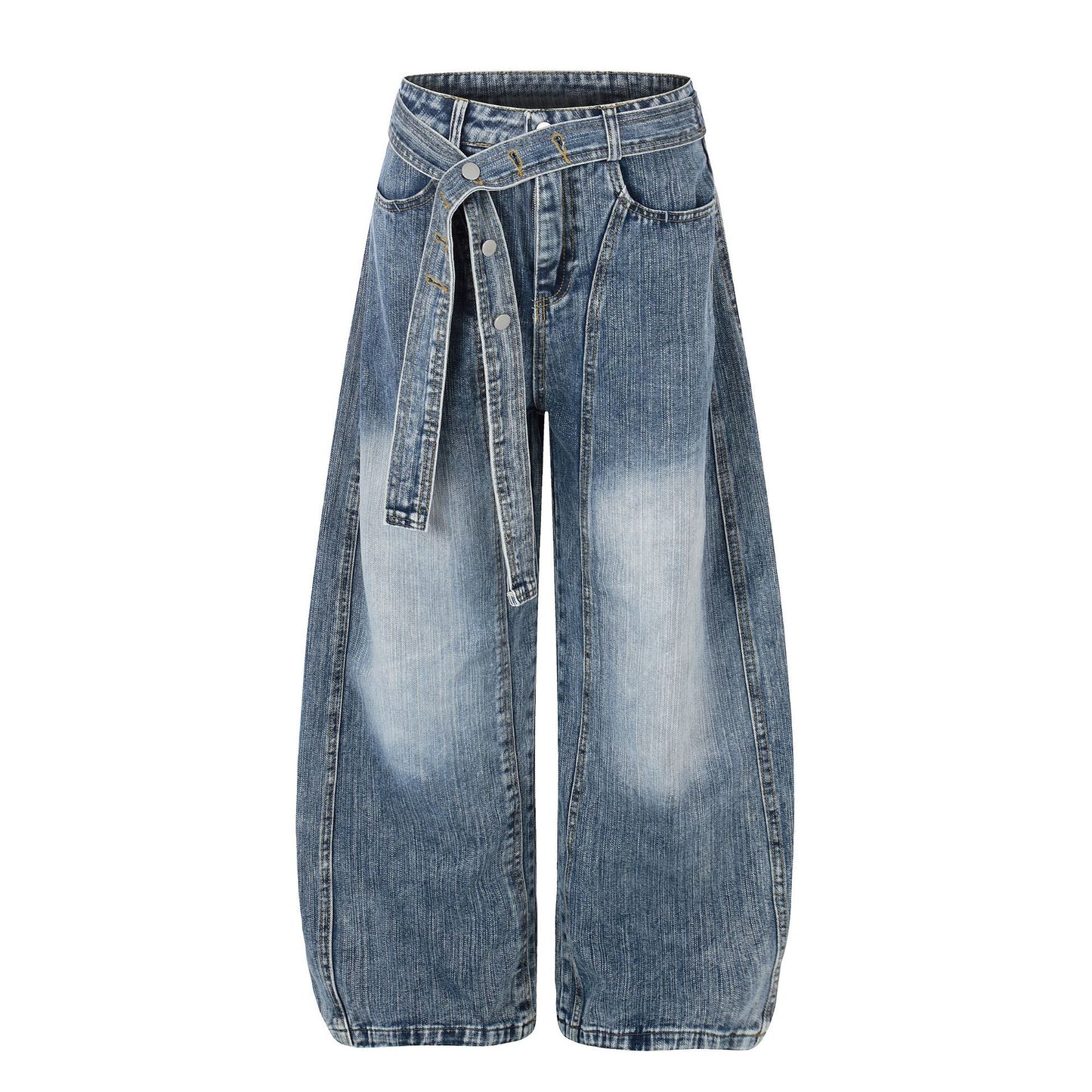 Washed White Cross Waist Belt Design Jeans Unisex Loose Wide Leg Knife-Edge Floor-Length Pants