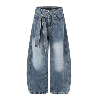 Washed White Cross Waist Belt Design Jeans Unisex Loose Wide Leg Knife-Edge Floor-Length Pants