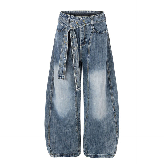 Washed White Cross Waist Belt Design Jeans Unisex Loose Wide Leg Knife-Edge Floor-Length Pants
