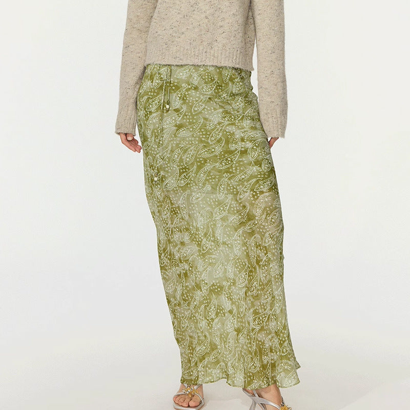 Sagestu Floating Green Ink Washed Paisley Long Dress Printed Hem Skirt