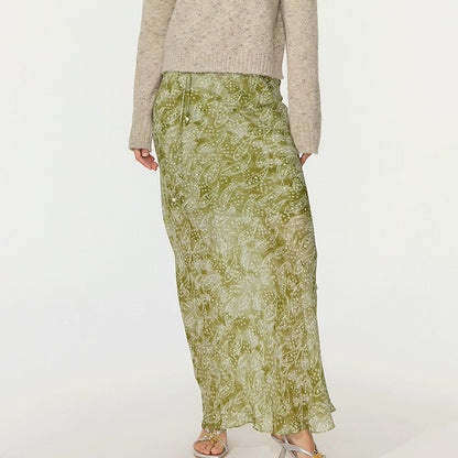 Sagestu Floating Green Ink Washed Paisley Long Dress Printed Hem Skirt