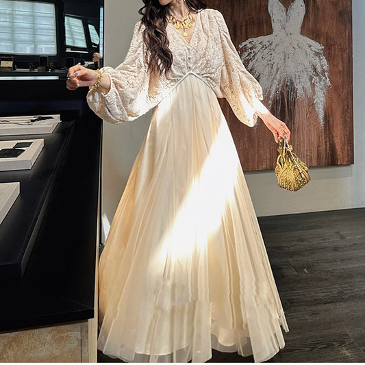 Clothing  Lace Beaded Embroidery Ruffle Dress with Ombre Mesh Paneling Sheer Overlay Women's Dress