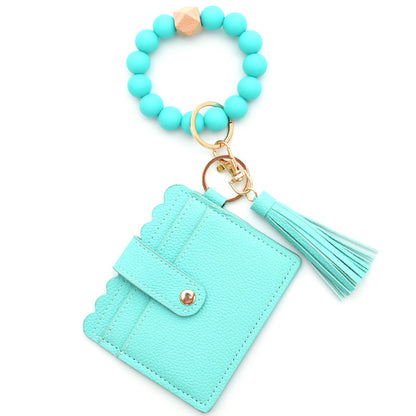 Colorful Silicone Bead Bracelet Card Holder PU Tassel Women's Wallet Keychain Silicone Beaded Bracelet