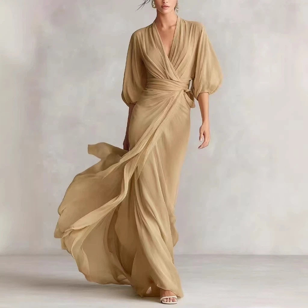 Deep V-neck raglan lantern sleeves cinched waist long dress