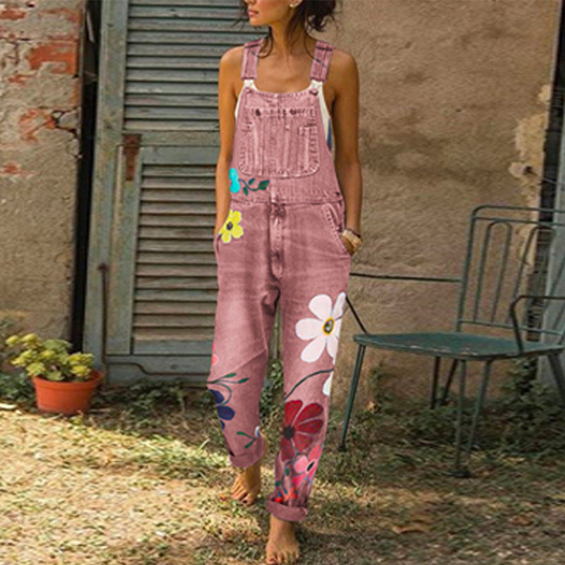 Jean imprimé à bretelles non élastiques et pantalon long droit