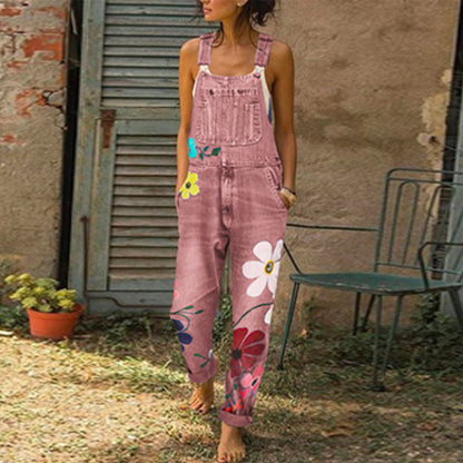 Jean imprimé à bretelles non élastiques et pantalon long droit