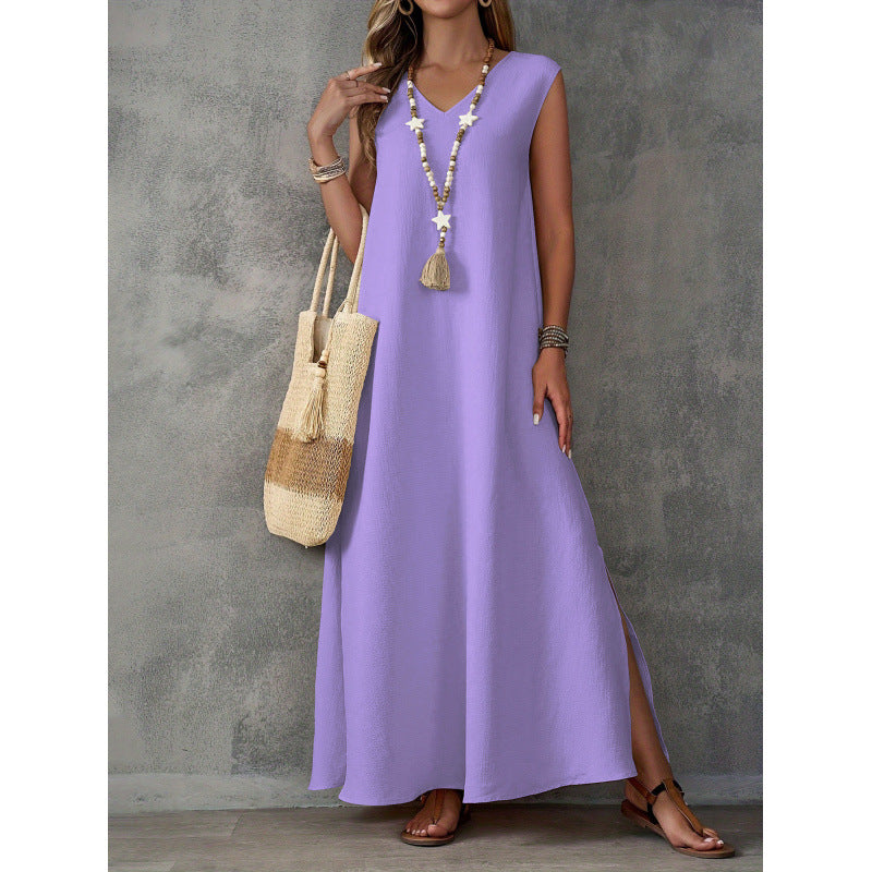 Elegant Long Dress Sleeveless V-Neck Side Slit Midi Dress  Dress