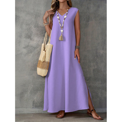 Elegant Long Dress Sleeveless V-Neck Side Slit Midi Dress  Dress
