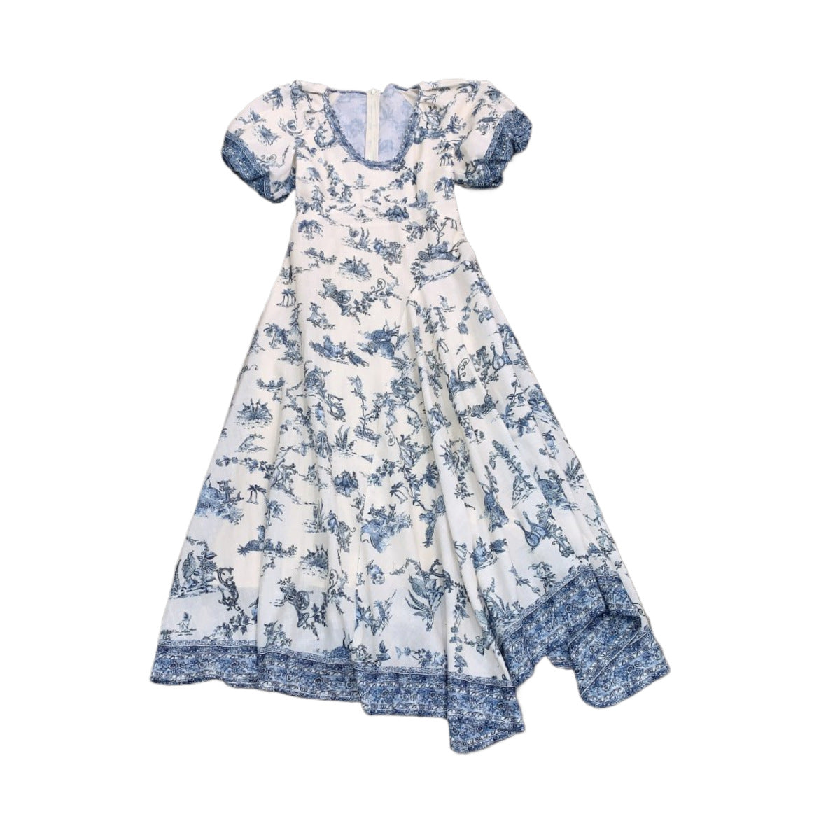 Blue and White Botanical Print V-Neck Irregular Linen-Like Dress