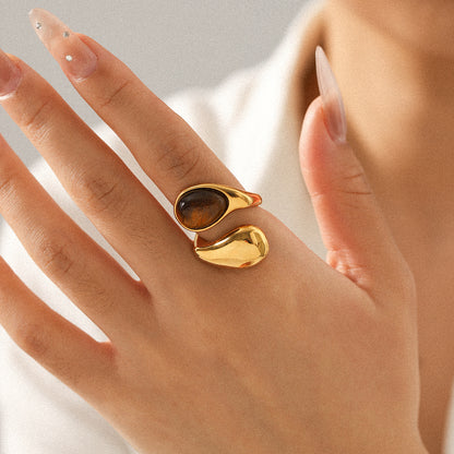 Bague en acier inoxydable en forme de goutte d'eau incrustée d'œil de tigre