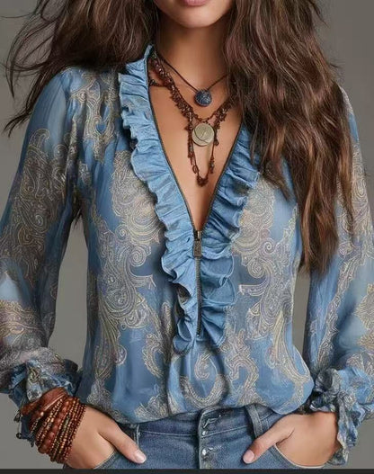 Chemisier romantique en mousseline à volants, col en V profond, motif cachemire, style bohème