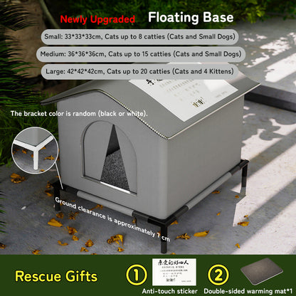 Insulated Outdoor Cat House with Raised Base - Windproof & Weatherproof Shelter with Reflective Lining.