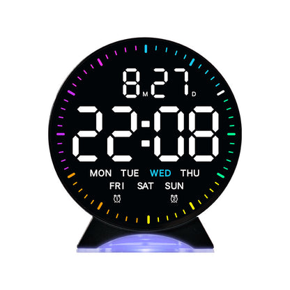 LED alarm clock with custom jump-second display, ambient light, auto-dimming USB desk clock.