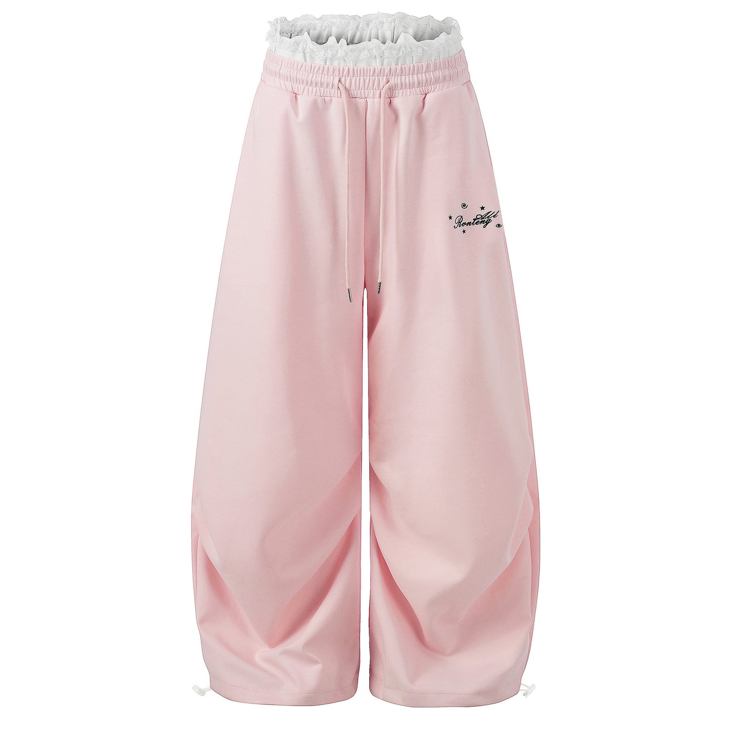 Lace Waistband Drawstring Sweatpants  Summer Loose Slim Fit Pleated Cuffed Wide Leg Casual Pants