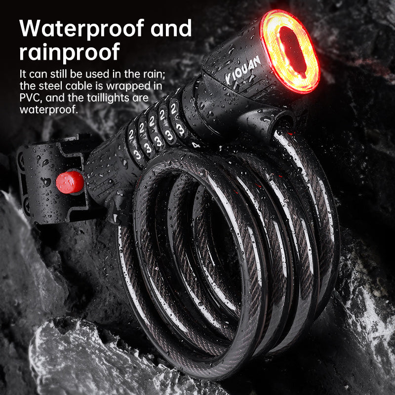 5-Digit Password Bike Lock with Safety Tail Light - Anti-Theft Steel Cable Chain Lock, Bicycle Security Accessory