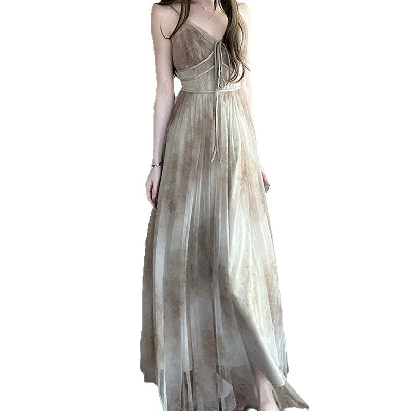 Spring Mountain Far Double Layer Ink Blot Chiffon V-Neck Thin Strap Dress High Waist Fitted Dress