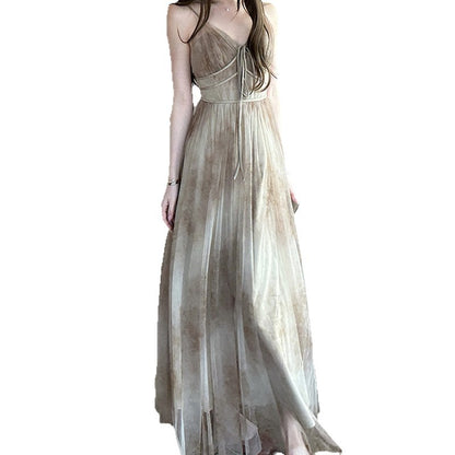 Spring Mountain Far Double Layer Ink Blot Chiffon V-Neck Thin Strap Dress High Waist Fitted Dress